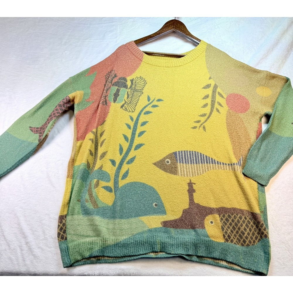 YESNO Whimsical Sea Life Knit Sweater 3XL Yellow Wool Blend Fish Whale Artsy